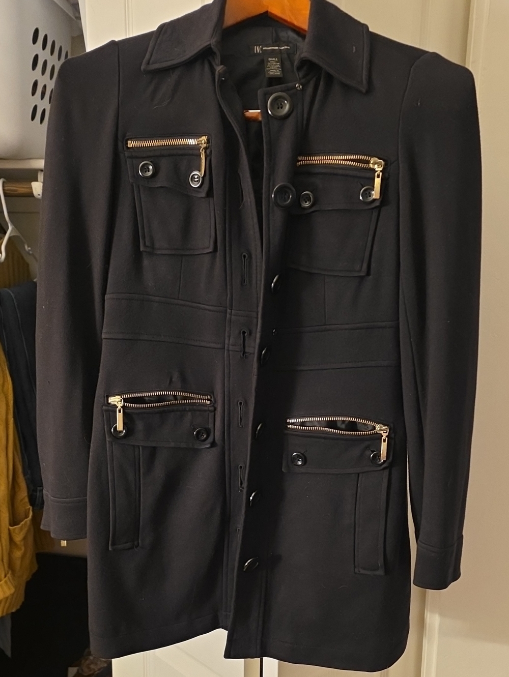 INC International Concepts Black Military-Style Pea Coat with Gold Zippers
